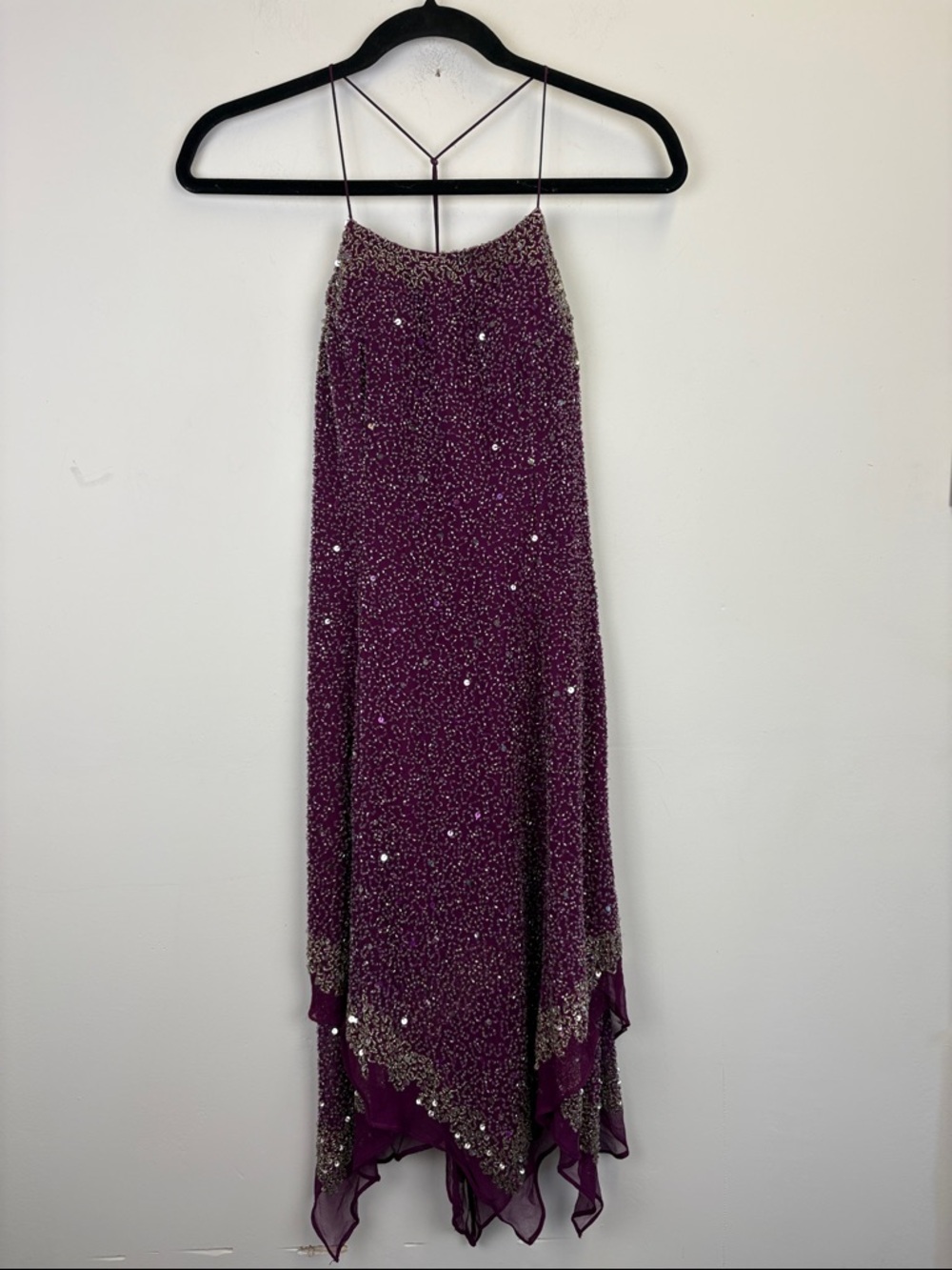 Scala Beaded Sequin Dress Purple Handkerchief Hem Cocktail Formal Size Small - Picture 1 of 10